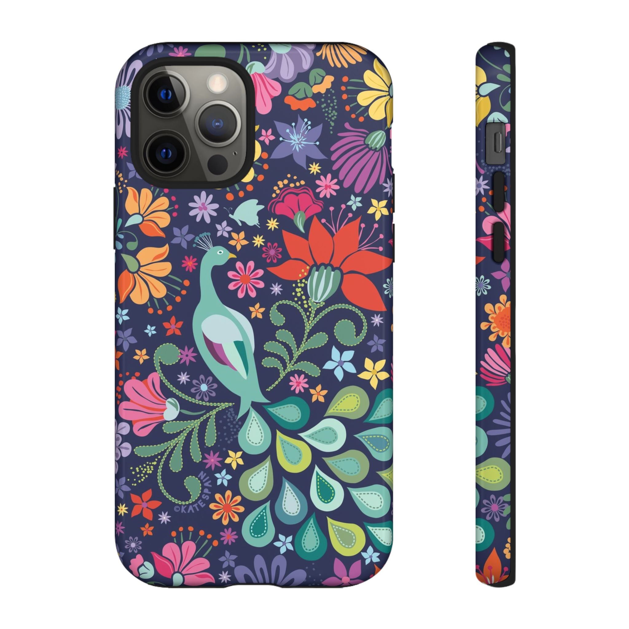 Peacock Sanctuary Tough iPhone 12 Pro Case – Glossy | navy, teal, coral multicolor vibrant peacock feather botanical print