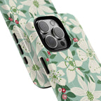 Gardenia MagSafe iPhone 16 Pro Max Case – Glossy | light blue, white, green, red gardenia botanical print | angled view closeup of camera cutout and buttons