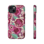 Tea Rose Burgundy Tough iPhone 14 Plus Case – Glossy | burgundy, magenta, plum botanical rose floral print