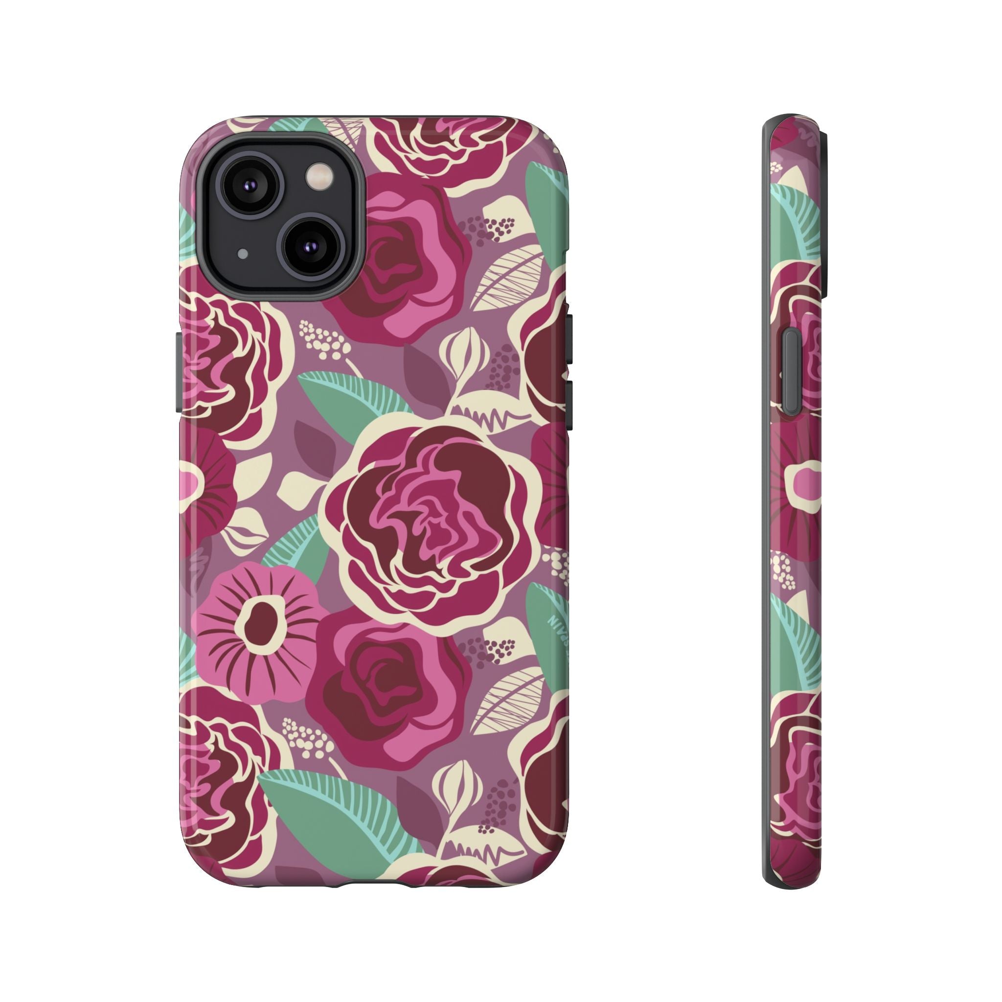 Tea Rose Burgundy Tough iPhone 14 Plus Case – Glossy | burgundy, magenta, plum botanical rose floral print