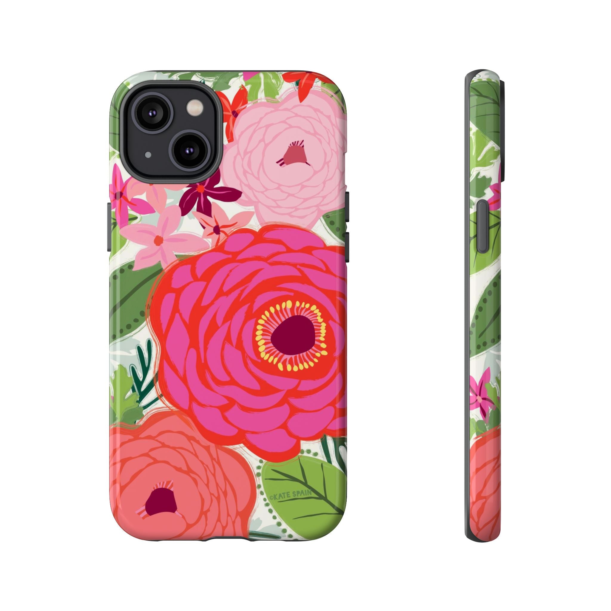 Bloomerie Tough iPhone 14 Plus Case – Glossy | cream, magenta, coral botanical peony floral print