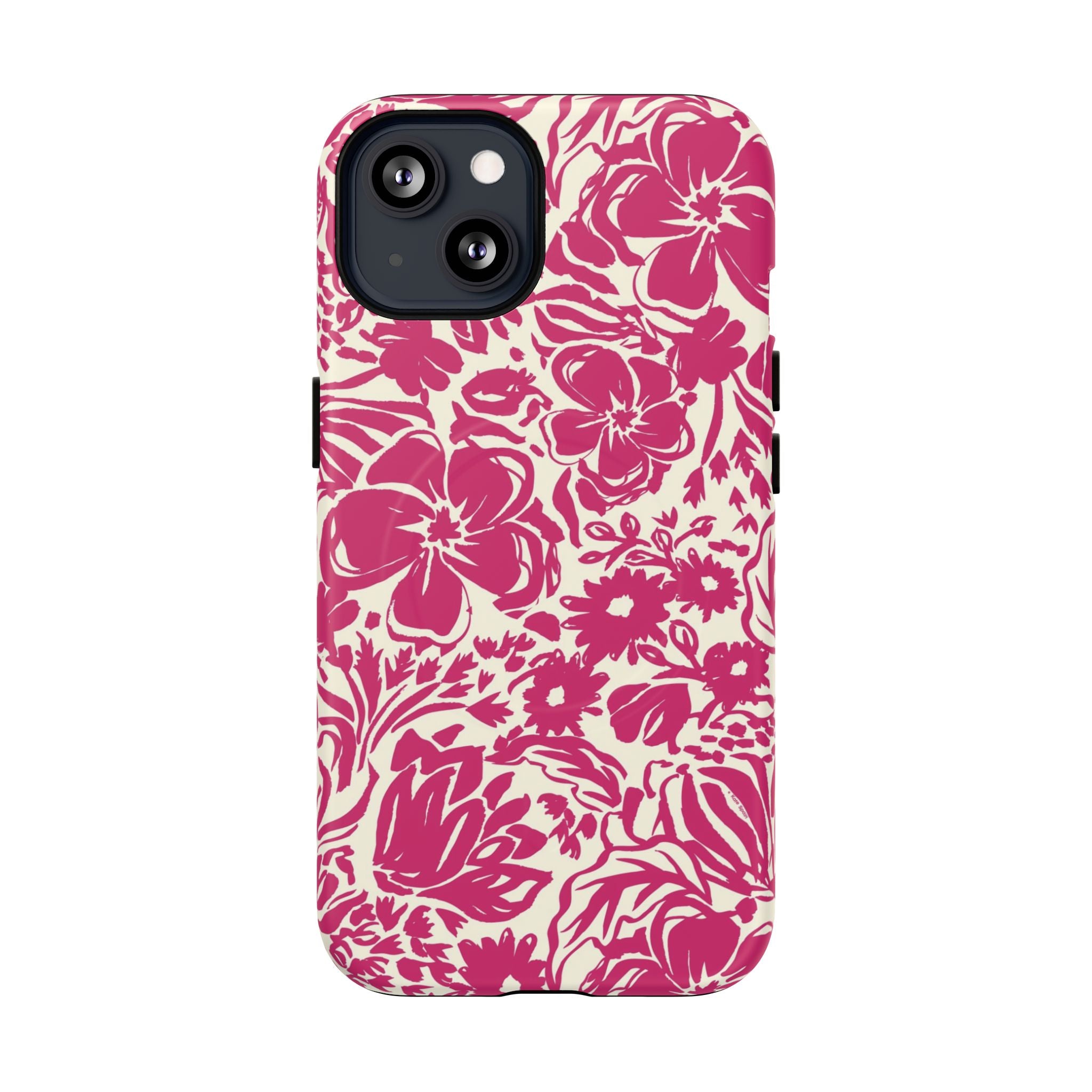 Rhapsody Bright Pink MagSafe iPhone 13 Matte case — bold magenta floral print on cream by Kate Spain