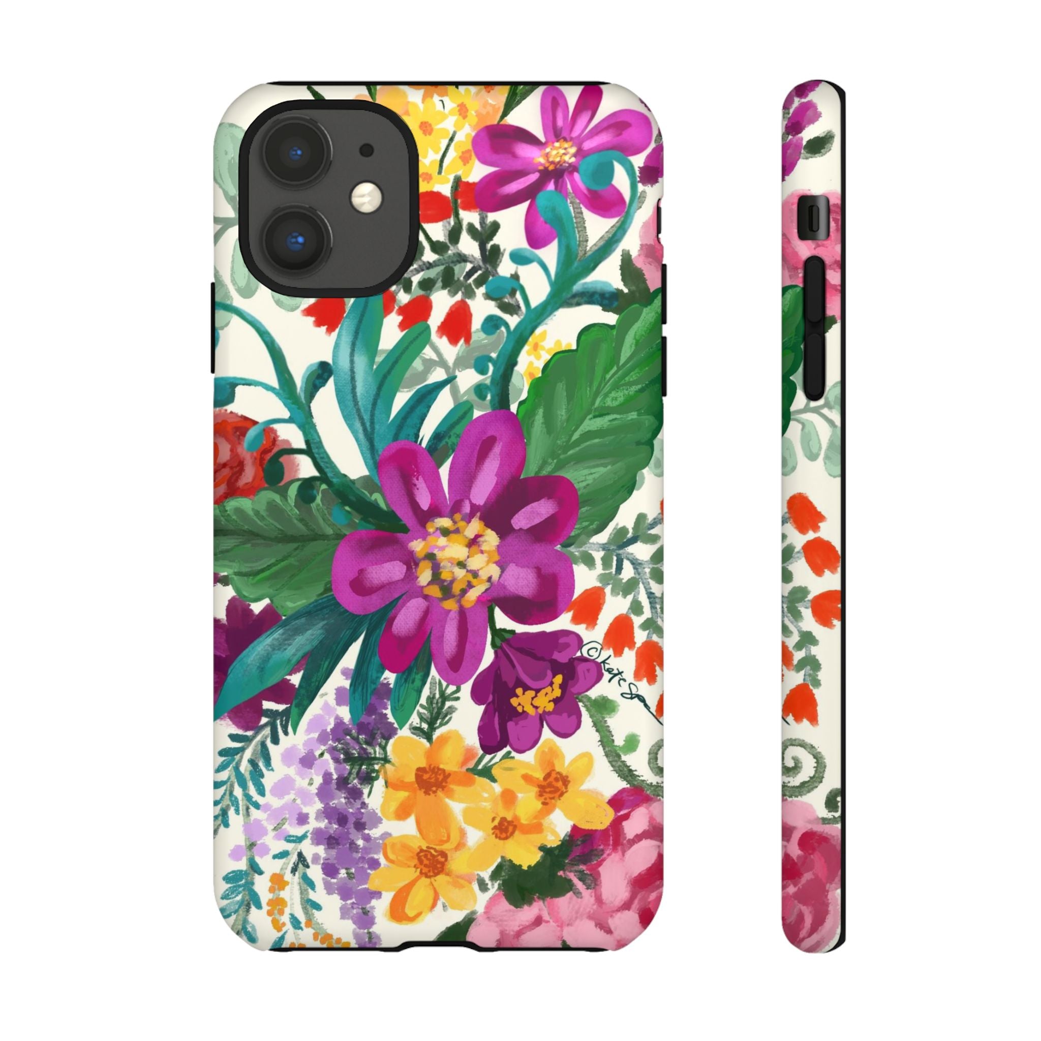 Posy Tough iPhone 11 Case – Matte | cream, magenta, coral botanical floral print