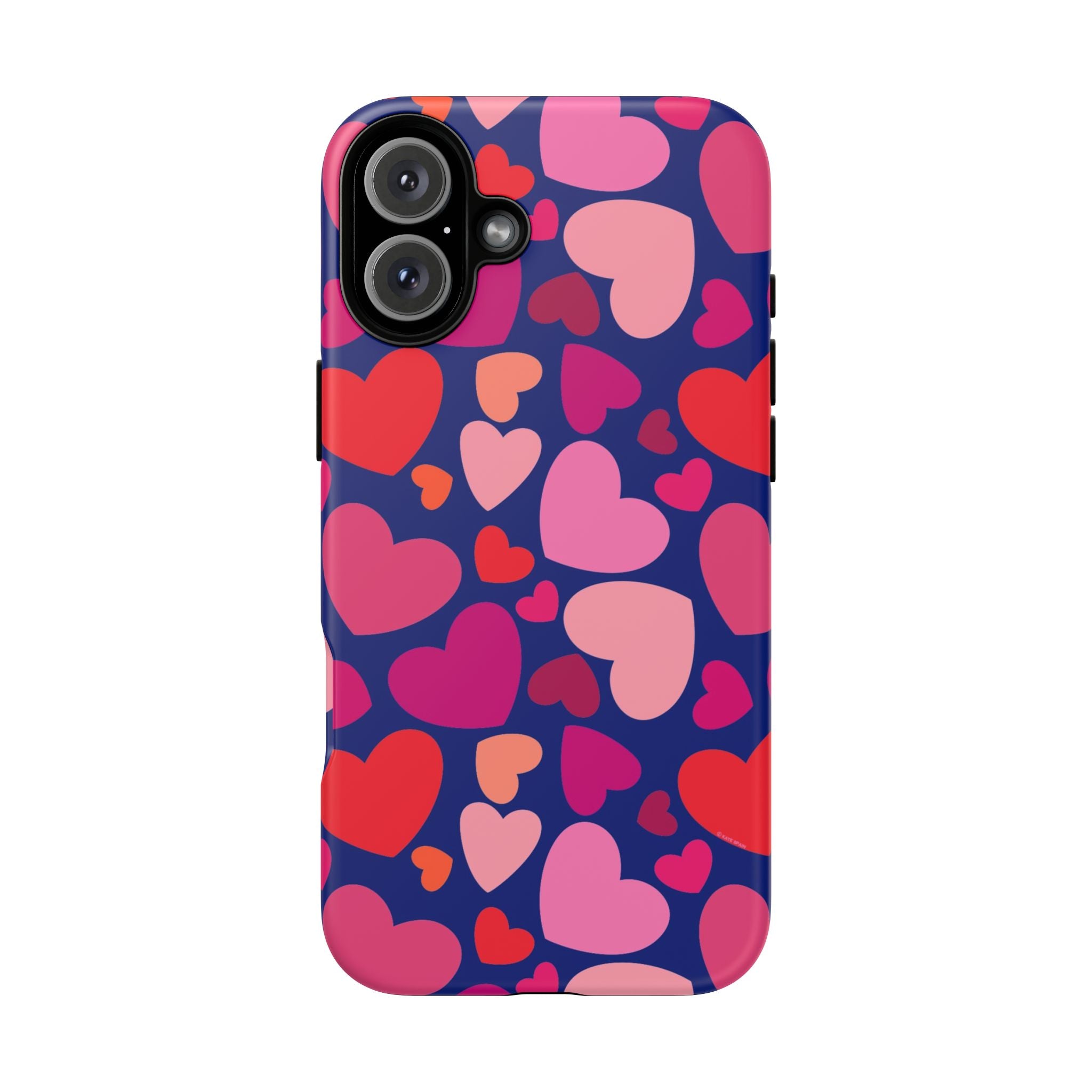 Hearts Tough iPhone 16 Plus Case – Matte | navy, pink, red, coral scattered heart print