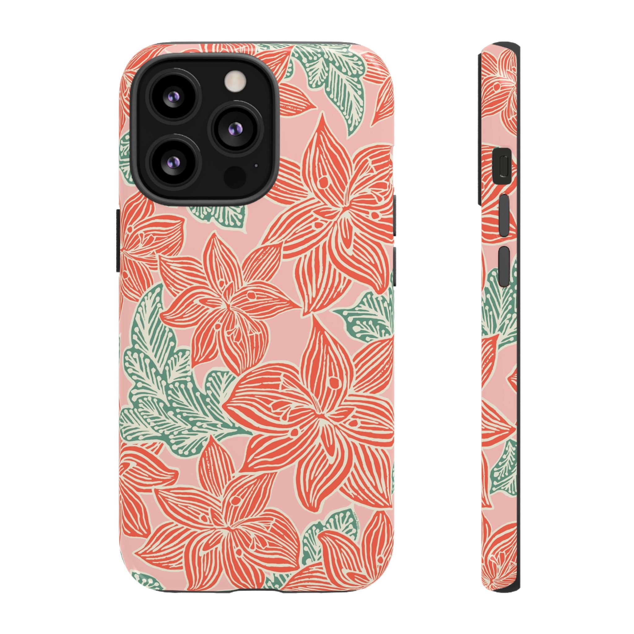 Hibiscus Coral iPhone 13 Pro Glossy Case — blush pink hard case with large-scale coral red hibiscus flowers and teal-green leaves in a bold botanical linework print, densely layered across the surface