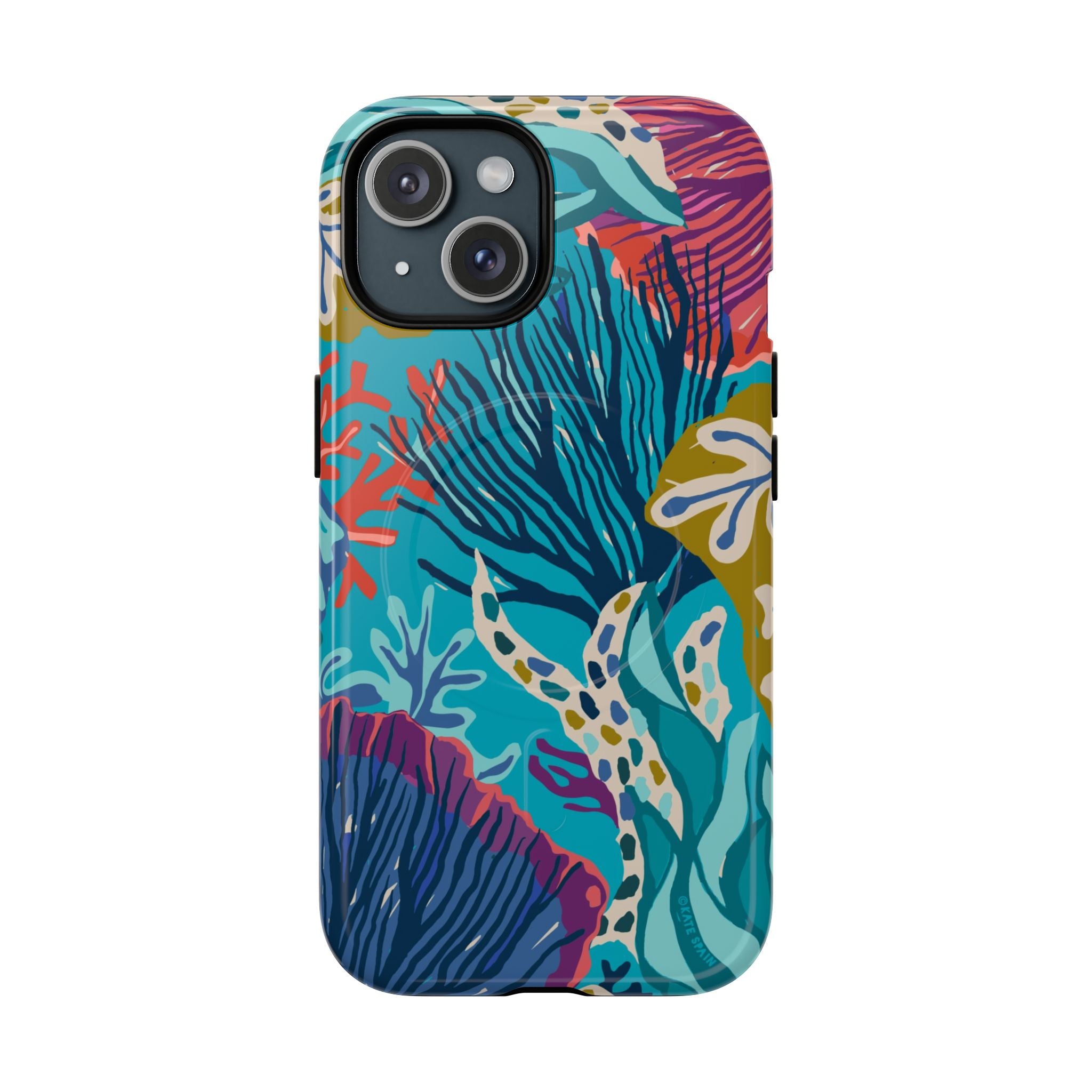 Reef MagSafe iPhone 15 Case – Glossy | teal, coral, navy, purple botanical coral reef print