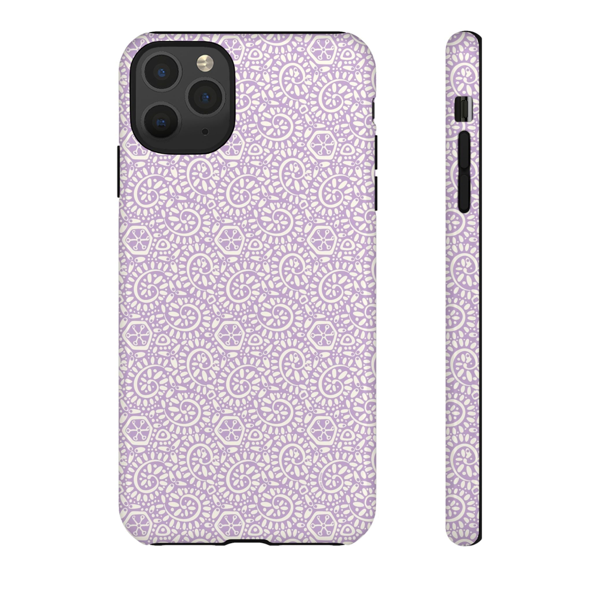Canto Swirls Lavender iPhone 11 Pro Max Glossy Case — lavender hard case covered in an intricate folk-art medallion pattern of radiating circular motifs, dot clusters, and geometric centers