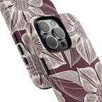 Vintage Bloom Burgundy iPhone 16 Pro Max case – Glossy | burgundy ground, large-scale cream clematis print, angled view showing camera cutout and buttons, dual-layer protection