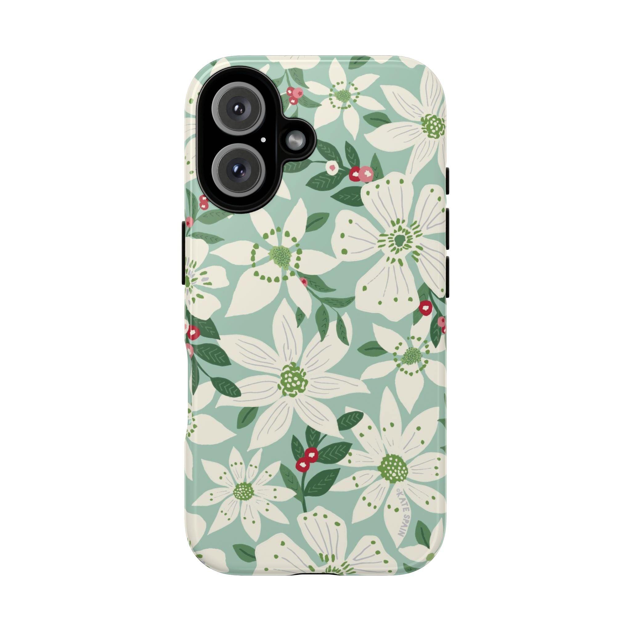 Gardenia Tough iPhone 16 Case – Glossy | light blue, white, green, red gardenia botanical print