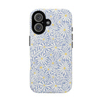Montauk Daisy Cottage Blue MagSafe iPhone 16 Case – Matte | periwinkle blue, white graphic daisy and fern print, golden yellow centers MagSafe compatible, dual-layer protection
