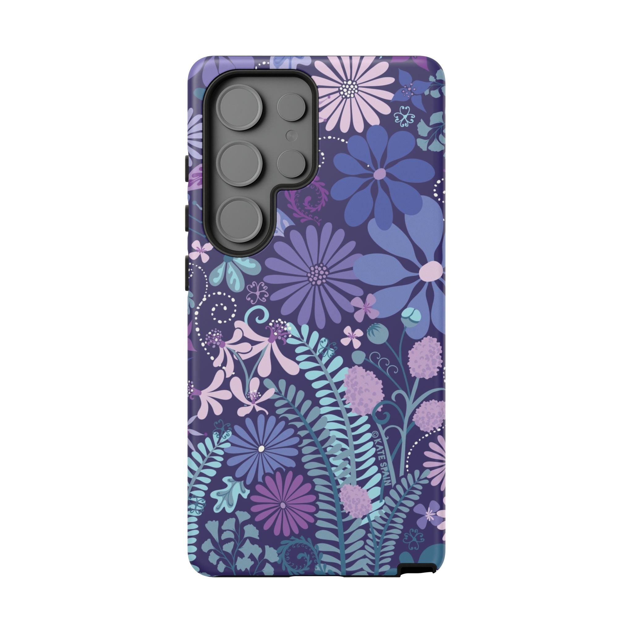 Luxury Terrain Samsung Galaxy S25 Ultra Case – Glossy | navy, purple, aqua botanical woodland floral print