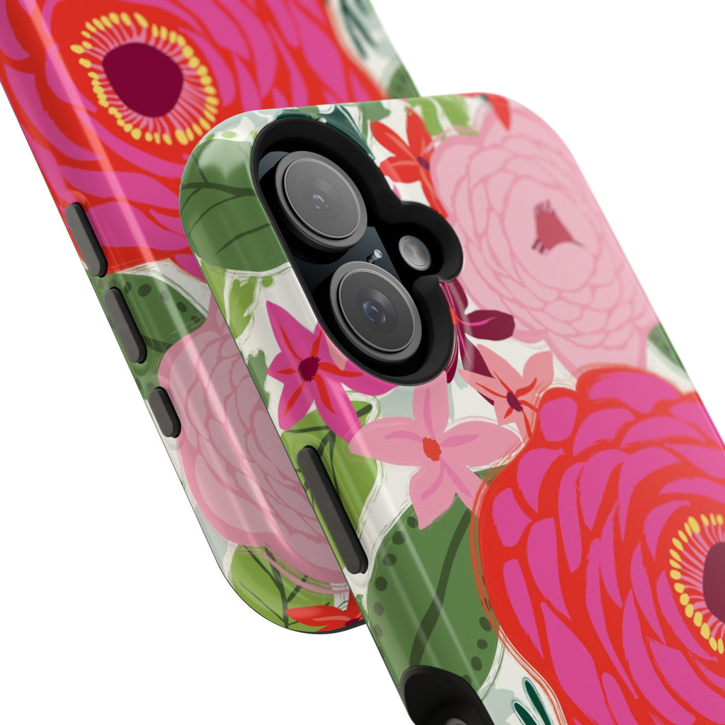 Bloomerie MagSafe iPhone 17 Case Glossy – side profile showing 2-lens camera in slim fit | cream, magenta, coral botanical peony floral print