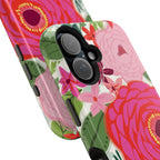 Bloomerie MagSafe iPhone 17 Case Glossy – side profile showing 2-lens camera in slim fit | cream, magenta, coral botanical peony floral print