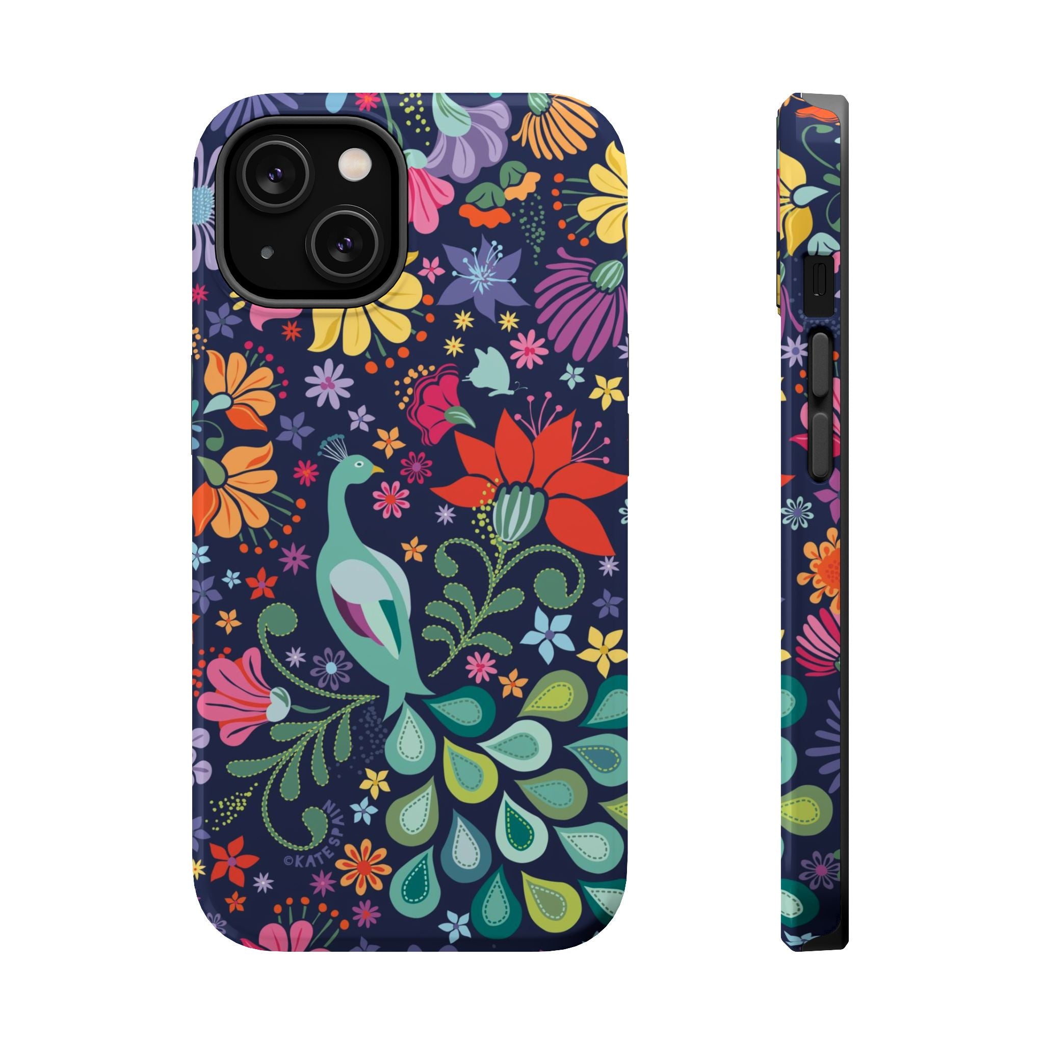 Peacock Sanctuary MagSafe iPhone 14 Case – Glossy | navy, teal, ivory peacock botanical print MagSafe compatible, dual-layer protection
