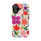 Happy Blooms Tough iPhone 16 Case – Matte | cream, red, magenta, coral botanical floral print