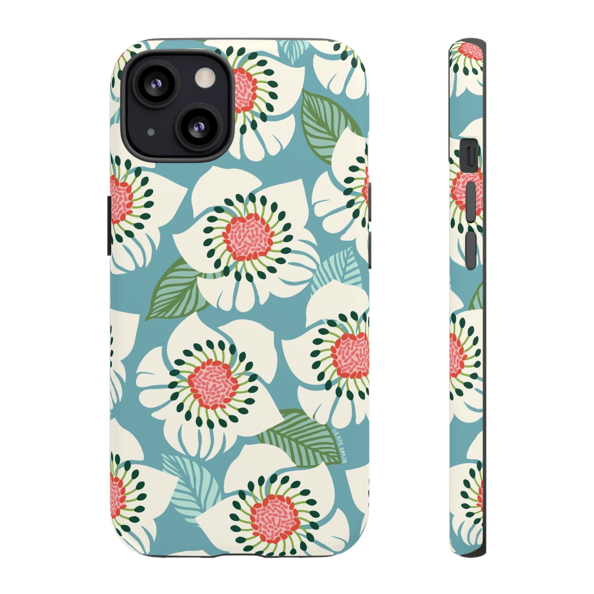 Panache Floral Tough iPhone 13 Case – Glossy | sky blue, pale cream, pink anemone floral print
