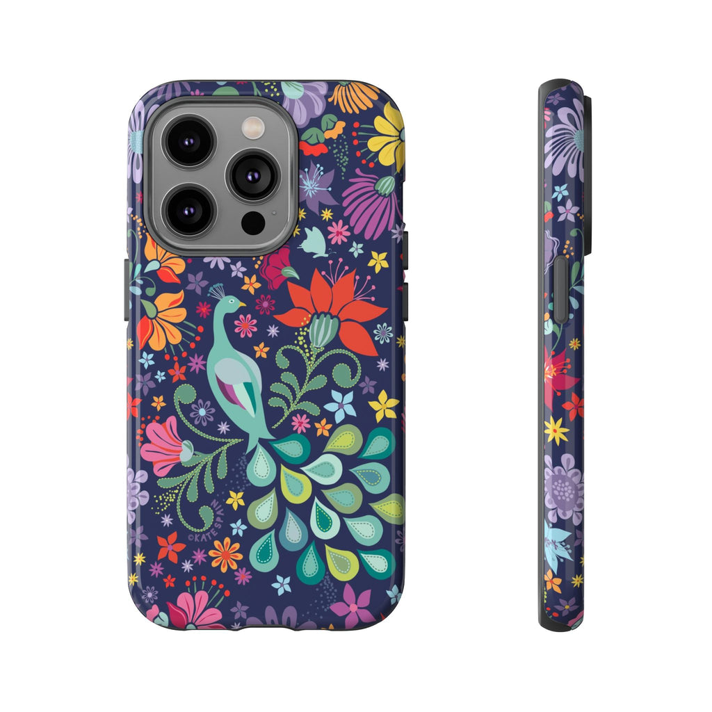 Peacock Sanctuary Tough iPhone 14 Pro Case – Glossy | navy, teal, coral multicolor vibrant peacock feather botanical print