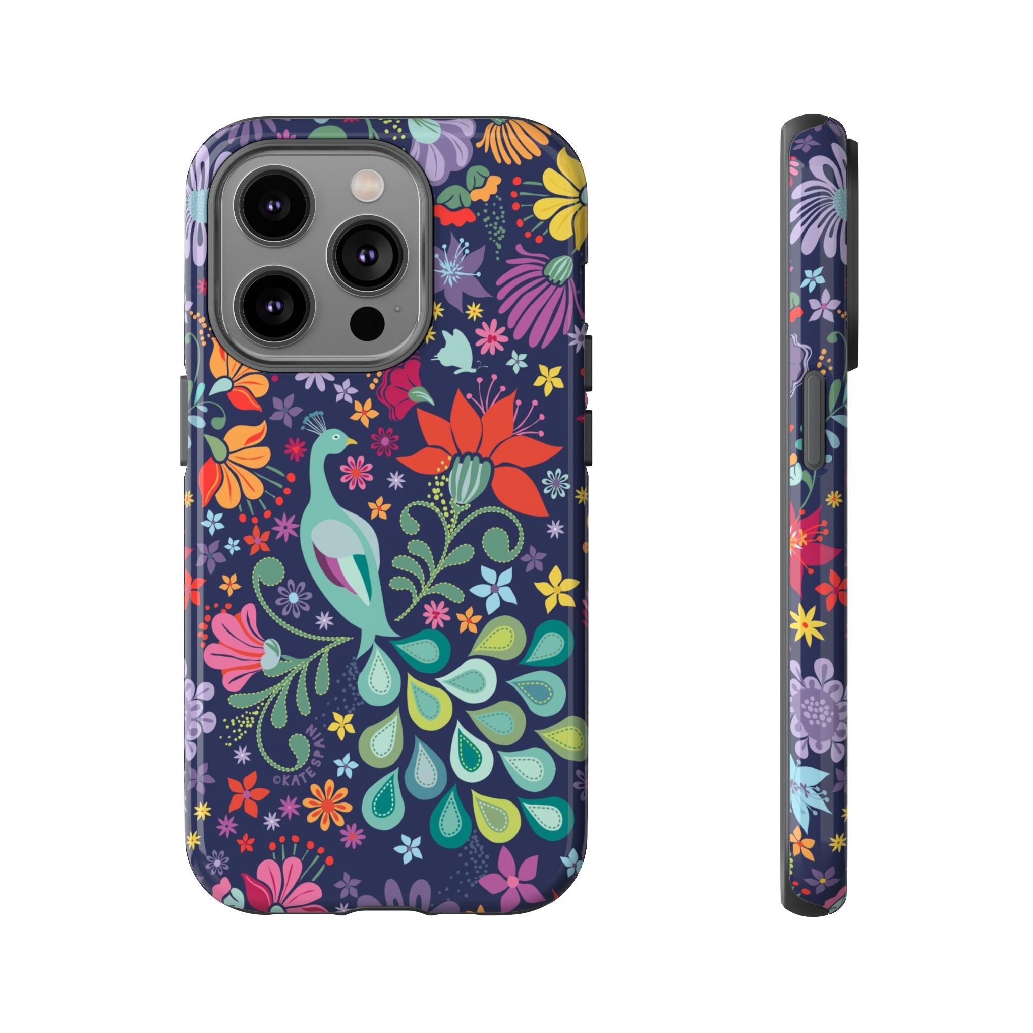 Peacock Sanctuary Tough iPhone 14 Pro Case – Glossy | navy, teal, coral multicolor vibrant peacock feather botanical print