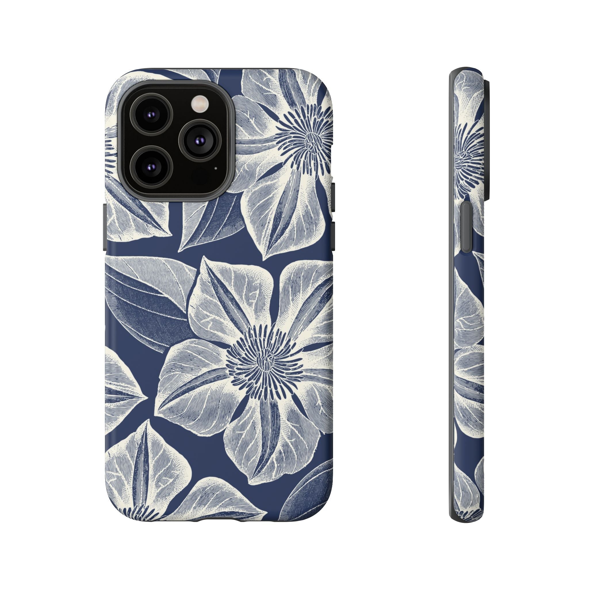 Vintage Bloom Navy iPhone 14 Pro Max case – Matte | navy ground, large-scale cream clematis print, engraved petal detail, dual-layer protection