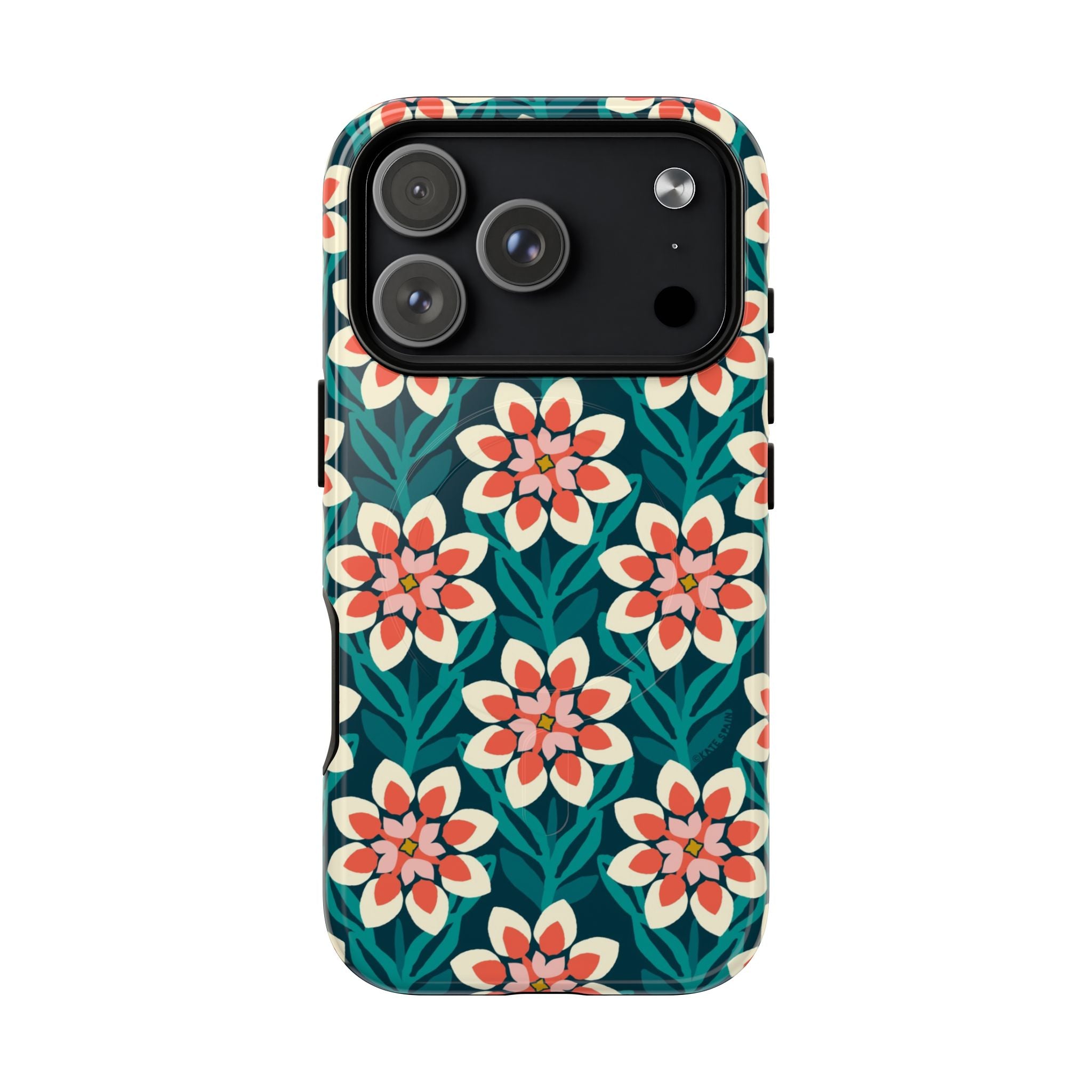 Modern Dahlia MagSafe iPhone 17 Pro Case – Glossy | teal, coral, cream botanical dahlia floral print