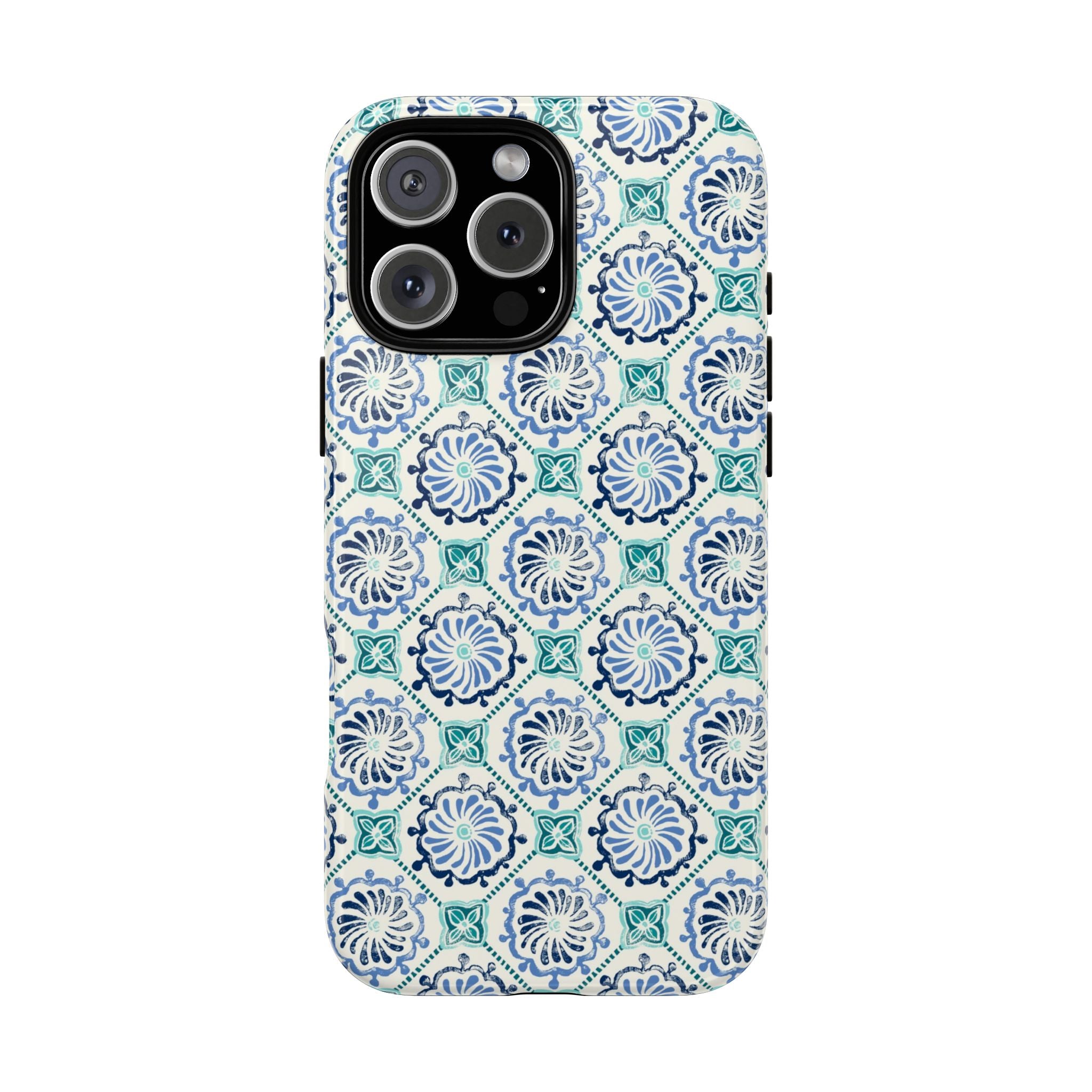 Horizon Blue Tile Tough iPhone 16 Pro Max Case – Glossy | blue, turquoise, cream white dual-layer protection
