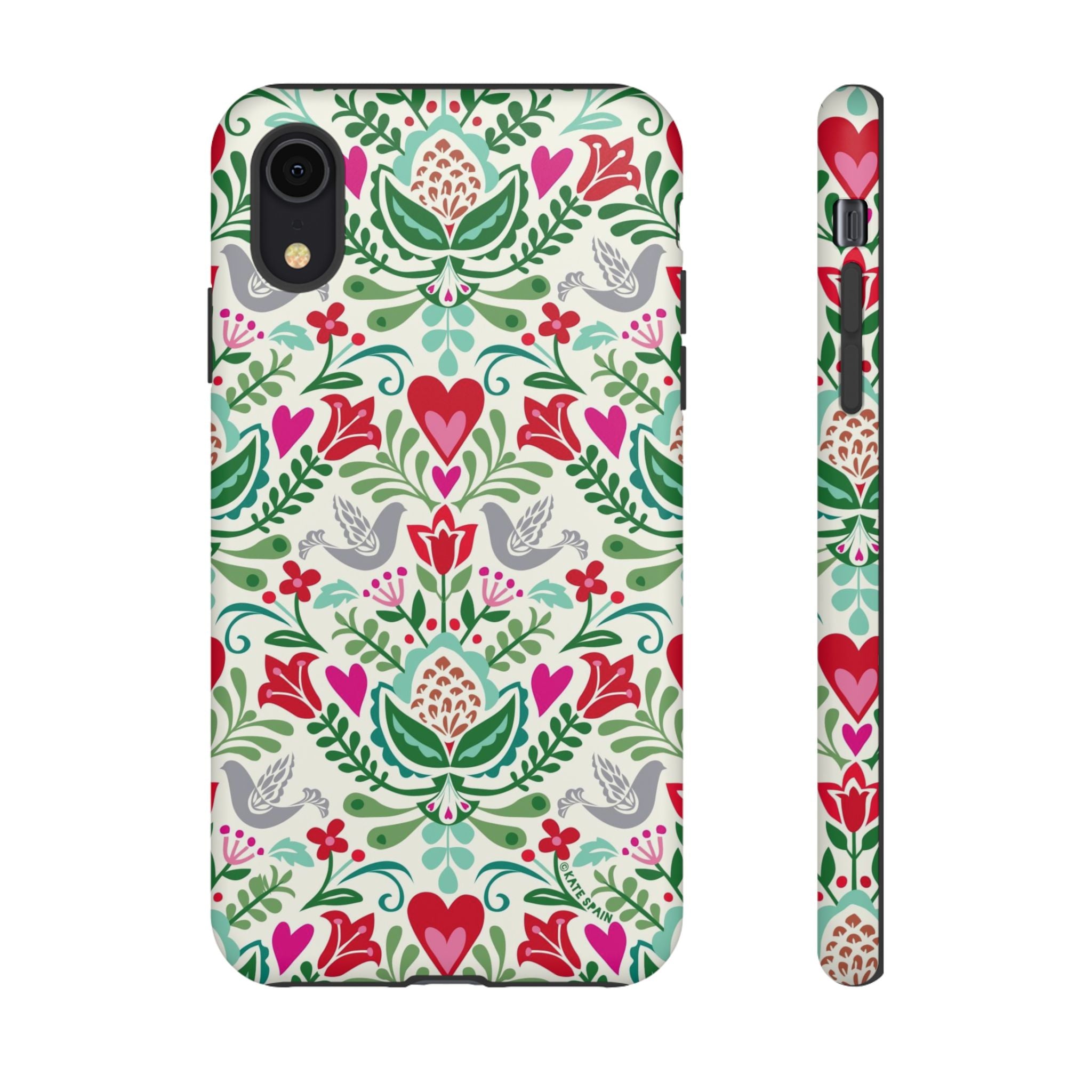 Rosemaling Tough iPhone XR Case – Matte | cream, red, pink, green, gray folk art floral bird print