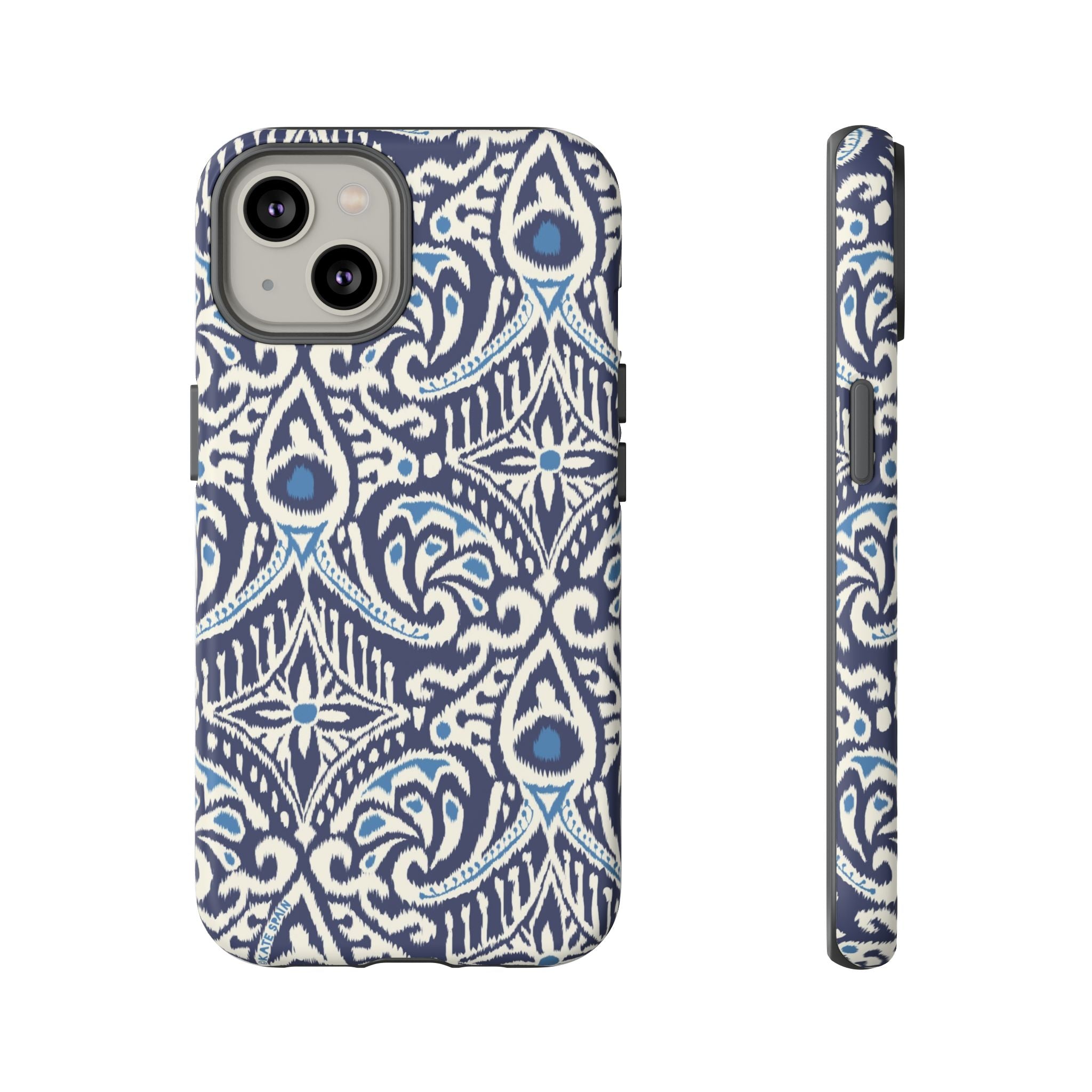 Ikat Tough iPhone 14 Case – Matte | navy, cream, blue ikat medallion print