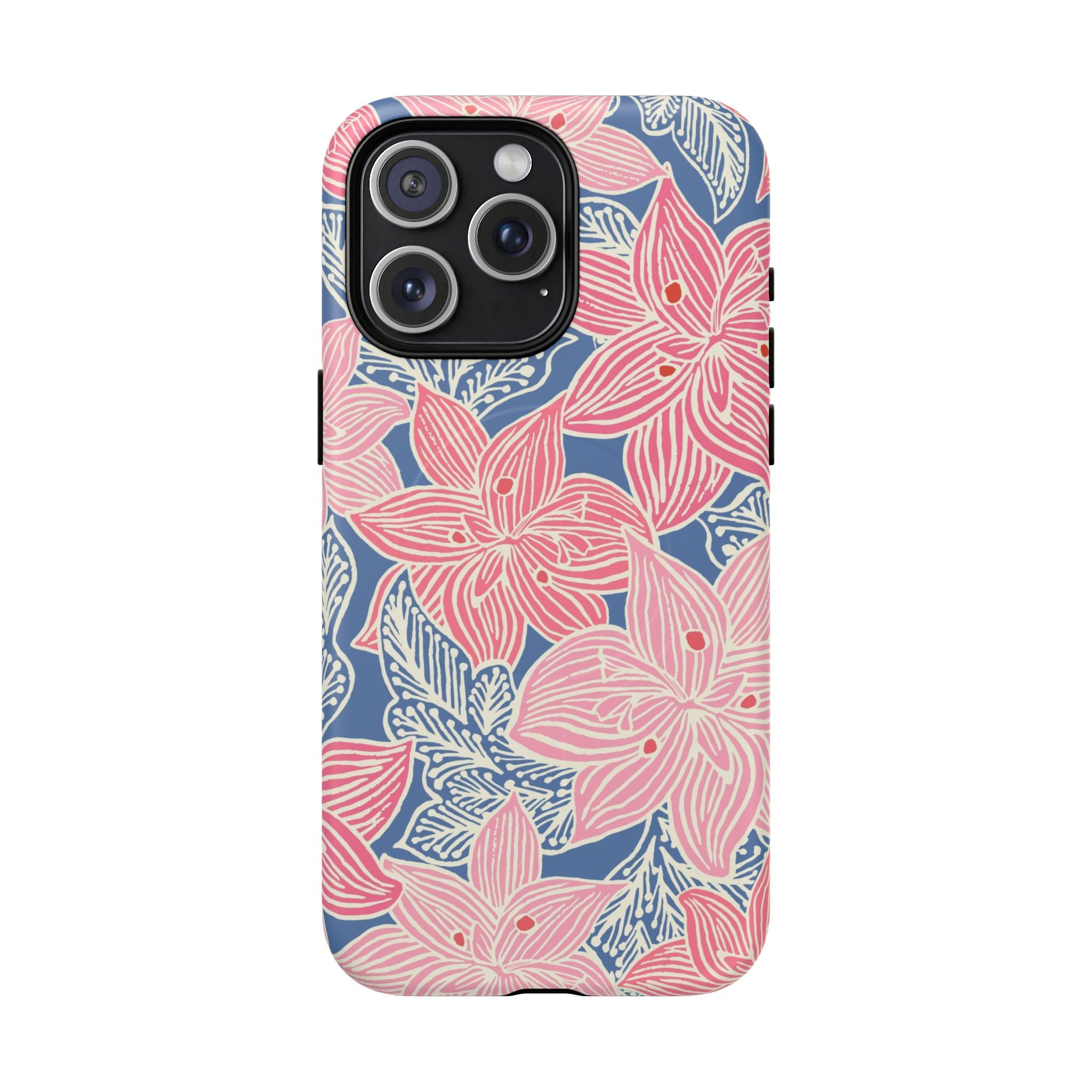 Hibiscus Lagoon MagSafe iPhone 15 Pro Max Case – Glossy | coral, blush, cream, dusty blue hibiscus botanical print