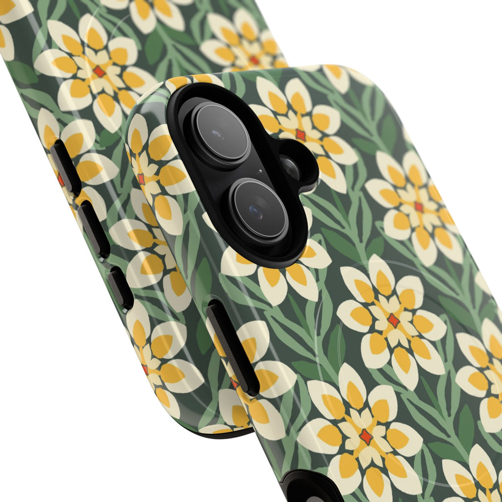 Designer Modern Dahlia MagSafe iPhone 17 Case – detail view of 2 lenses in camera | yellow, cream, green dahlia floral print