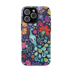 Peacock Sanctuary Tough iPhone 16 Pro Case – Matte | navy, teal, coral multicolor vibrant peacock feather botanical print