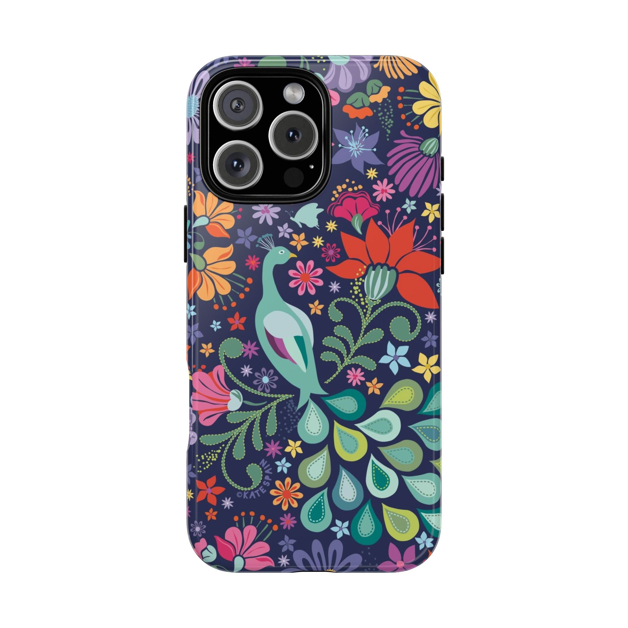 Peacock Sanctuary Tough iPhone 16 Pro Case – Matte | navy, teal, coral multicolor vibrant peacock feather botanical print