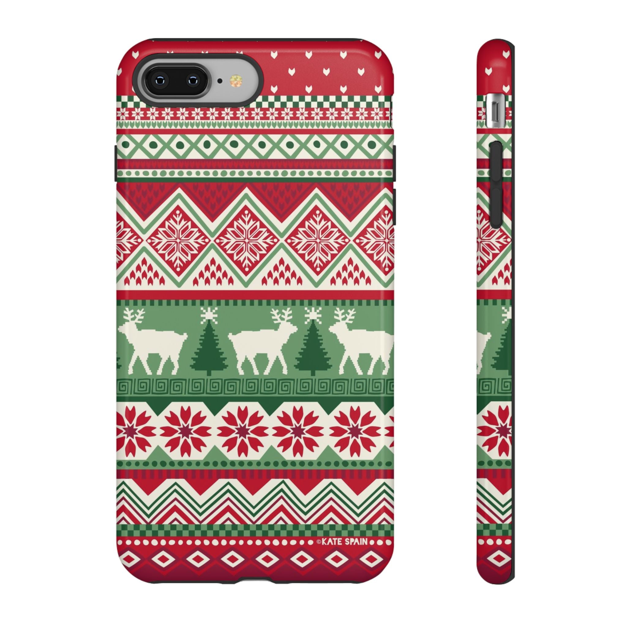 Telemark Tough iPhone 8 Plus Case – Glossy | red, green, cream fair isle reindeer Nordic print