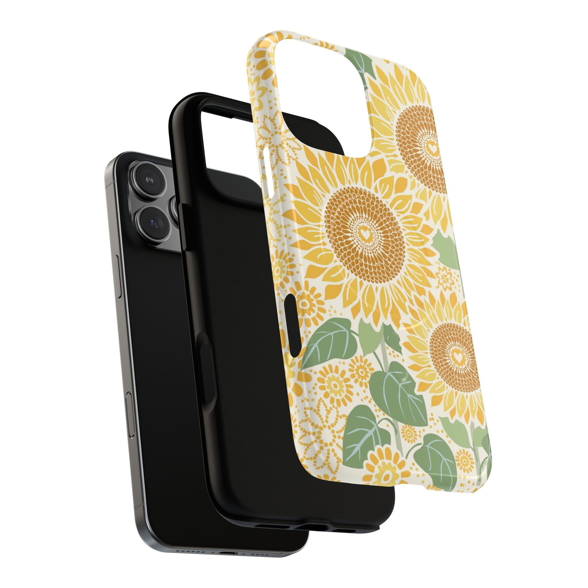 Sunny Sunflower MagSafe iPhone 17 – Glossy | cream ground, large-scale yellow sunflower print, dual-layer case and inner lining detail with camera cutout view