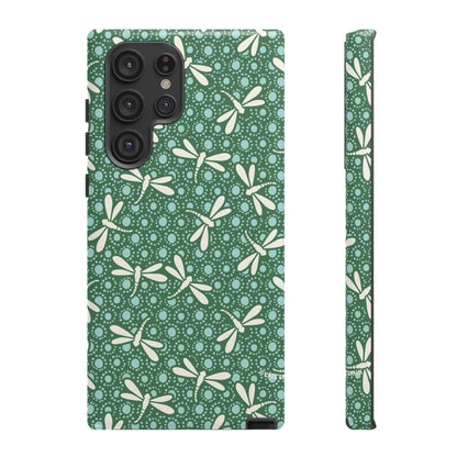 Dragonfly Pattern Phone Case — Green Floral Protective Tough Case