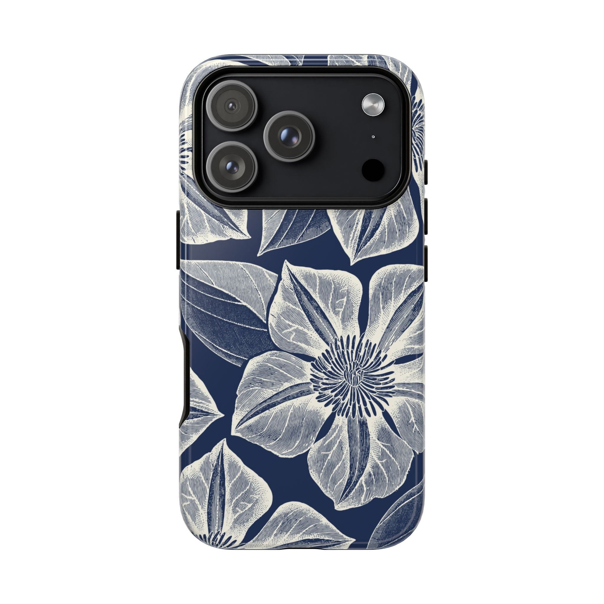 Vintage Bloom Navy iPhone 17 Pro case – Glossy | navy ground, large-scale cream clematis print, engraved petal detail, dual-layer protection