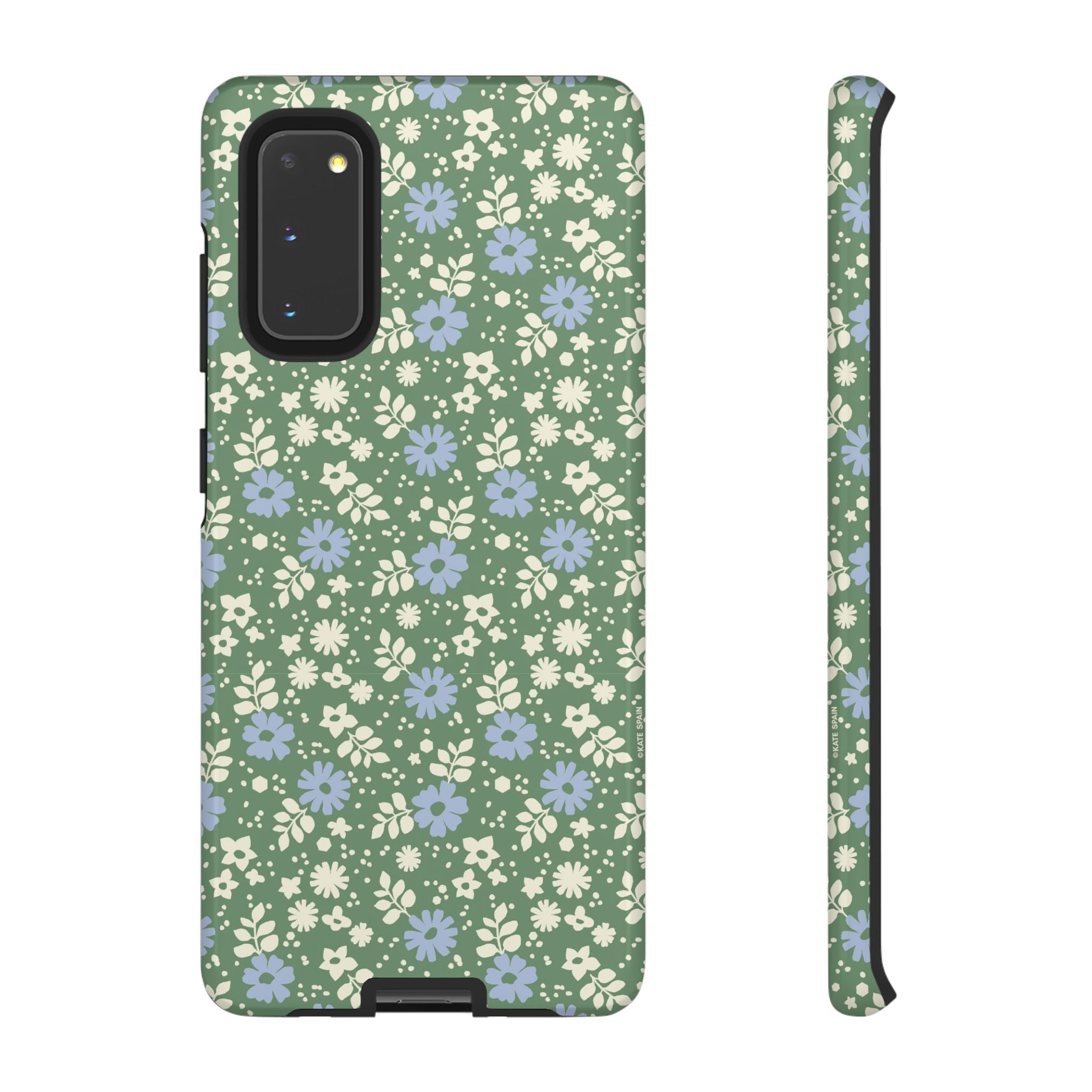 Cottage Core Cute Petaline Samsung Galaxy S20 Case – Glossy | green background with white and blue ditsy florals