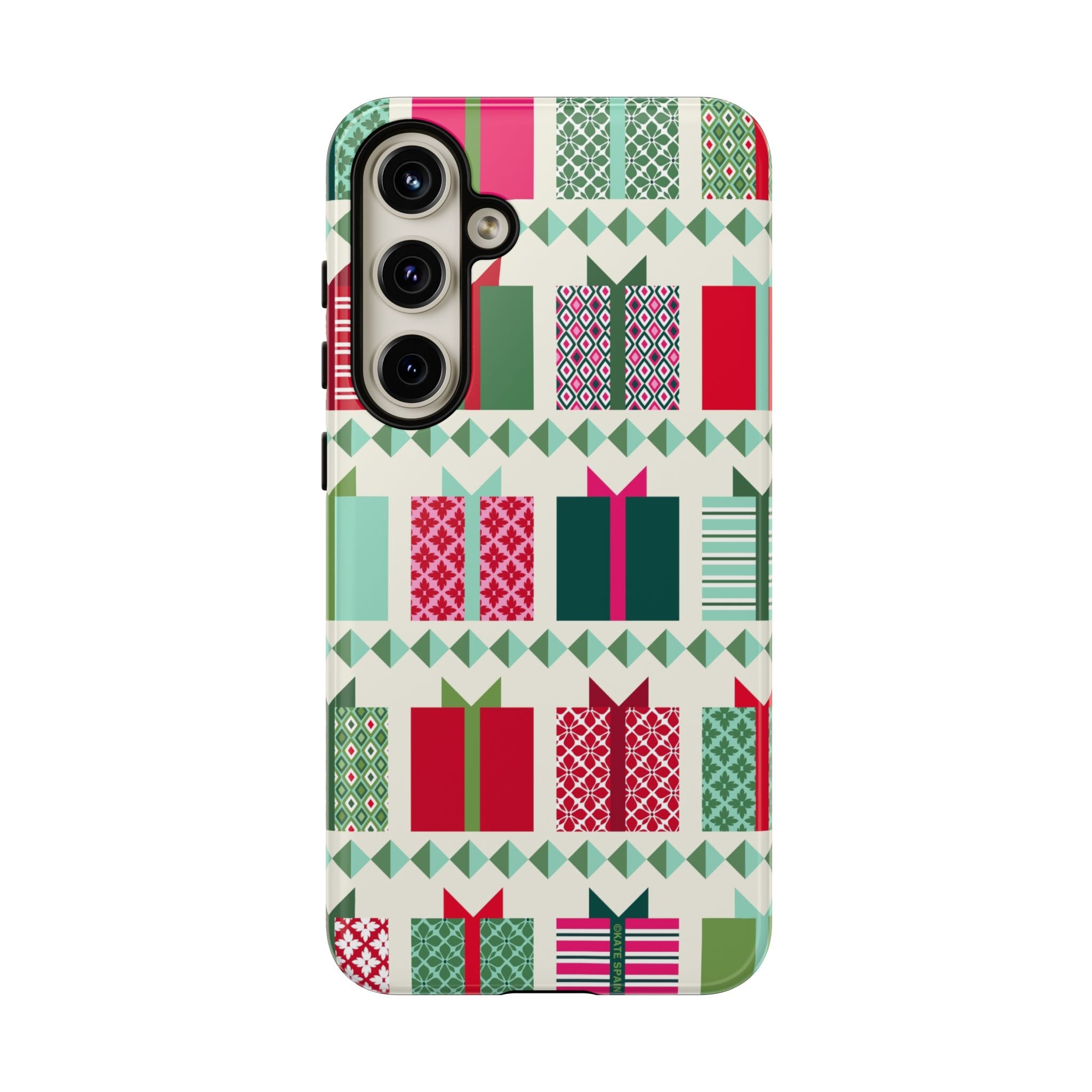 All Wrapped Up Samsung Galaxy S24 Plus Case – Glossy | cream, red, pink, green, mint geometric gift wrap holiday print