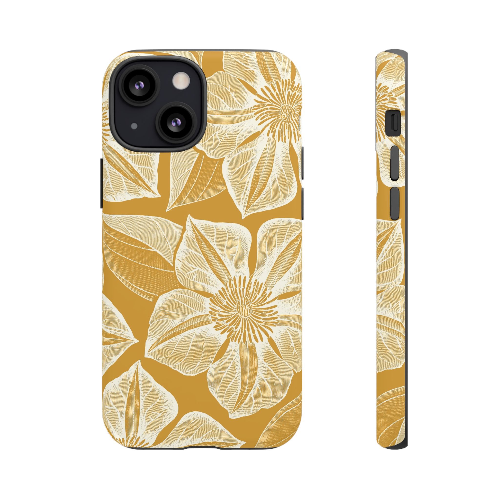 Vintage Bloom Gold iPhone 13 Mini case – Matte | gold ground, large-scale cream clematis print, engraved petal detail, dual-layer protection