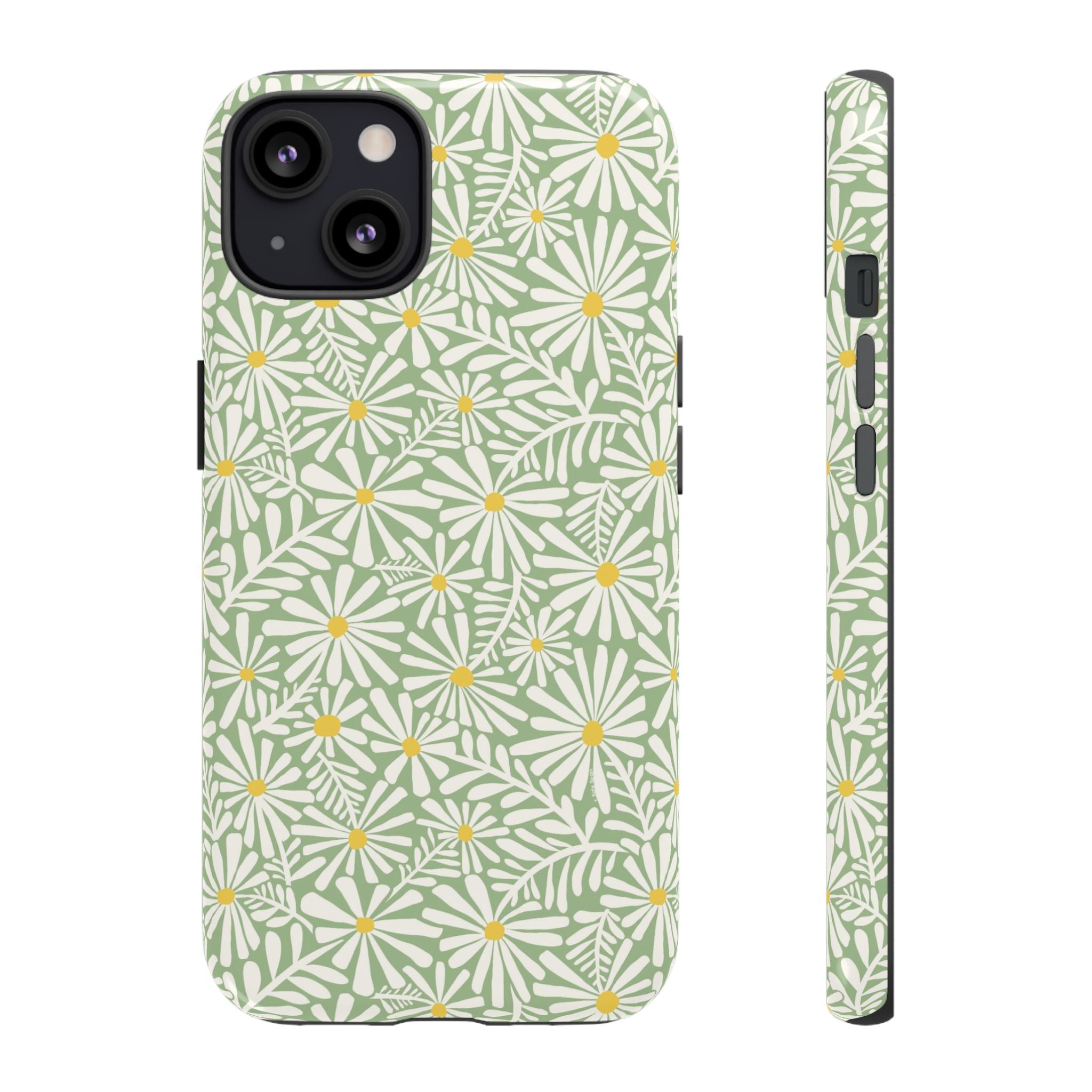 Montauk Daisy Meadow Green iPhone 13 Case – Glossy | sage green, white graphic daisy and fern print, golden yellow centers | dual-layer protection