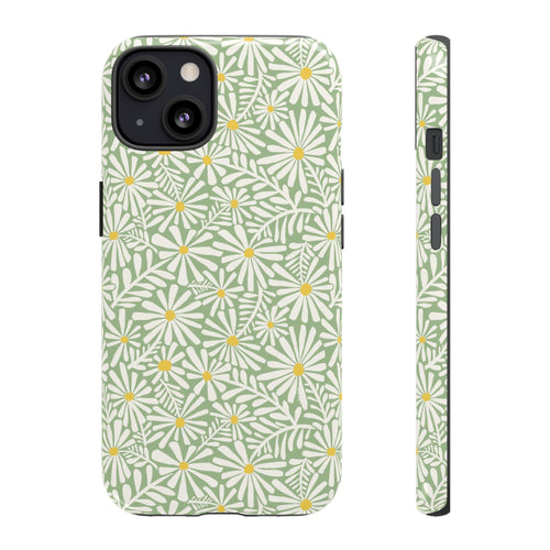 Montauk Daisy Meadow Green iPhone 13 Case – Glossy | sage green, white graphic daisy and fern print, golden yellow centers | dual-layer protection