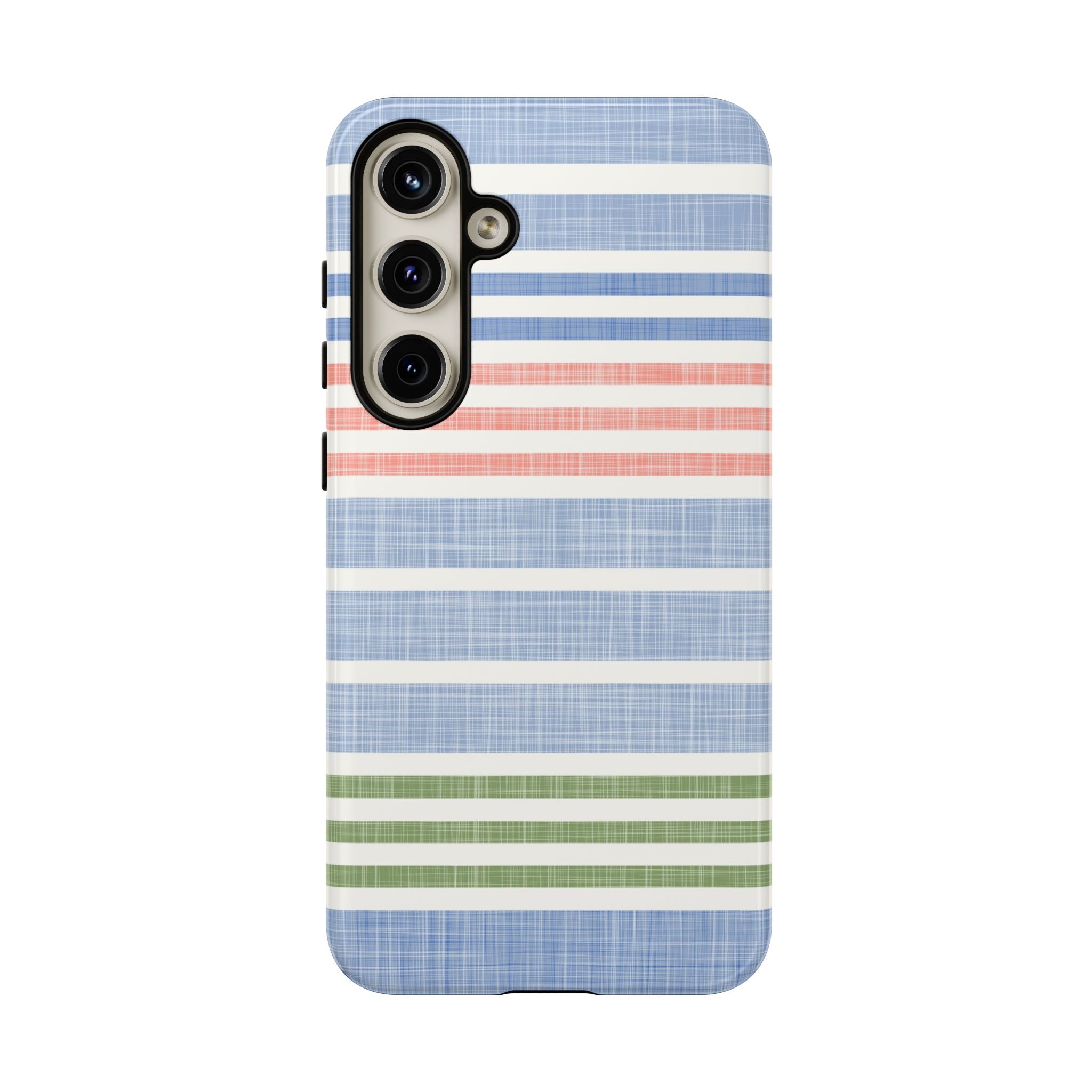 Cabana Stripe Pastel Samsung Galaxy S24 Plus Case – Glossy | soft blue, coral, sage green chambray-textured stripe print dual-layer protection