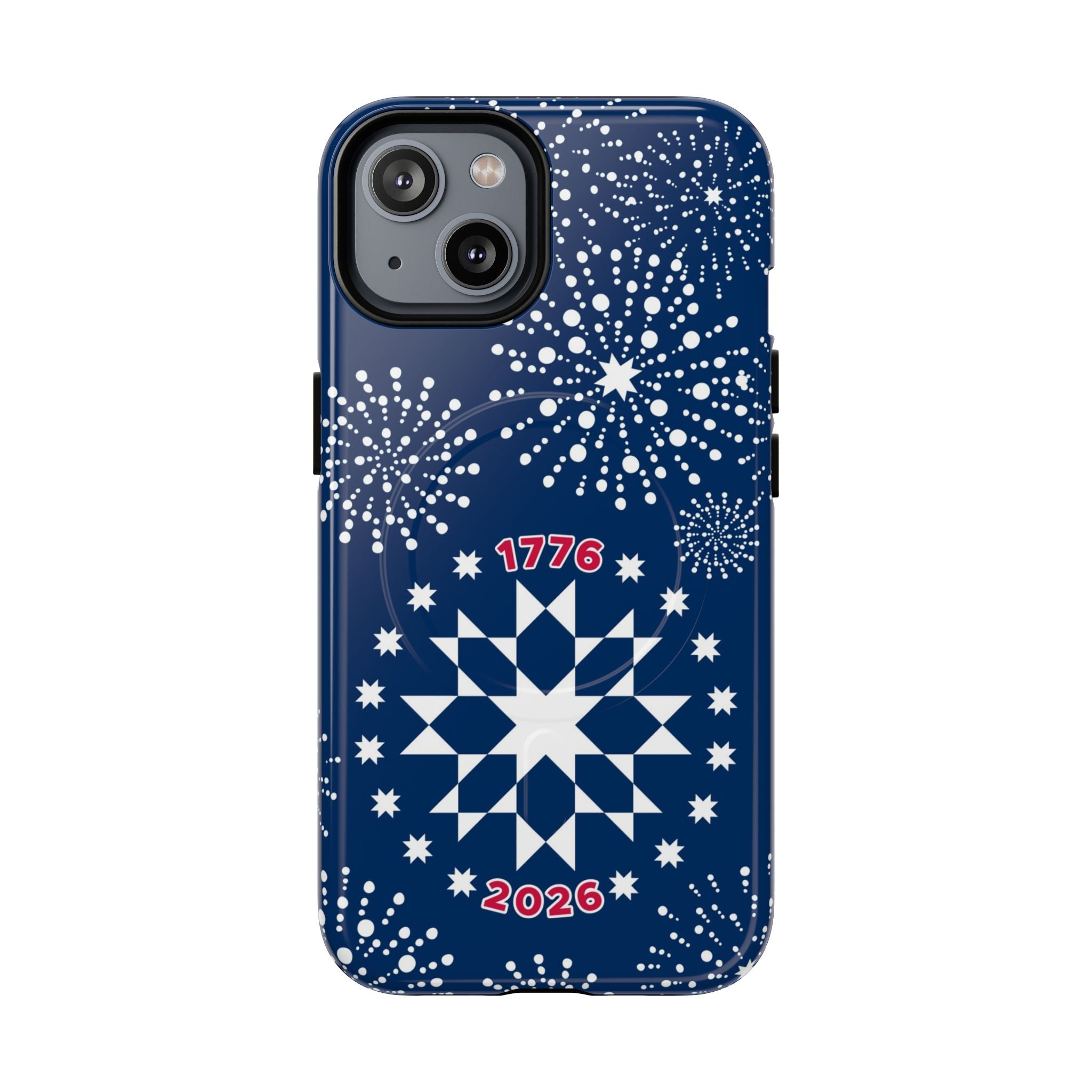 250th Fireworks MagSafe iPhone 14 Case – Glossy | navy, white patriotic star quilt fireworks print
