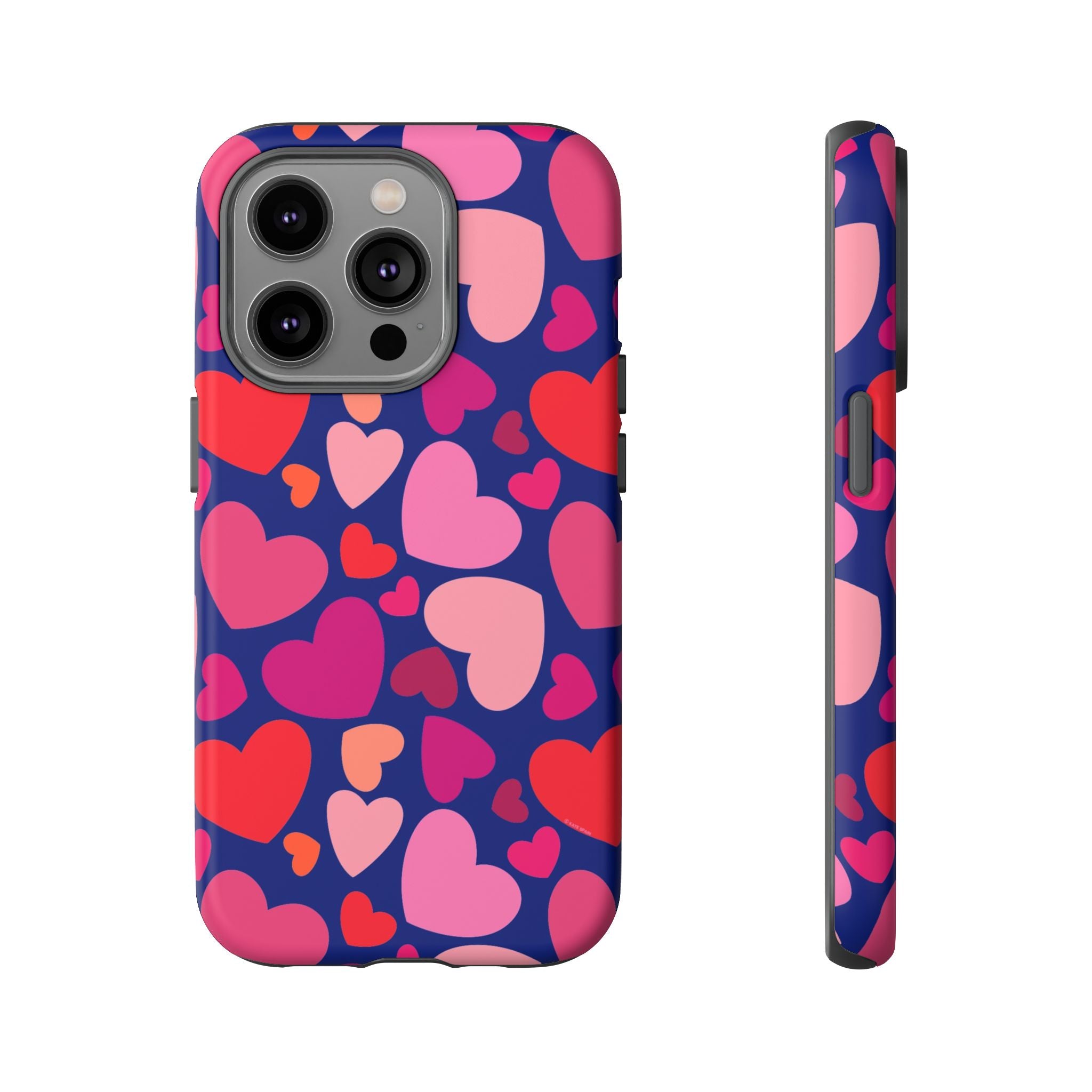 Hearts Tough iPhone 14 Pro Case – Matte | navy, pink, red, coral scattered heart print
