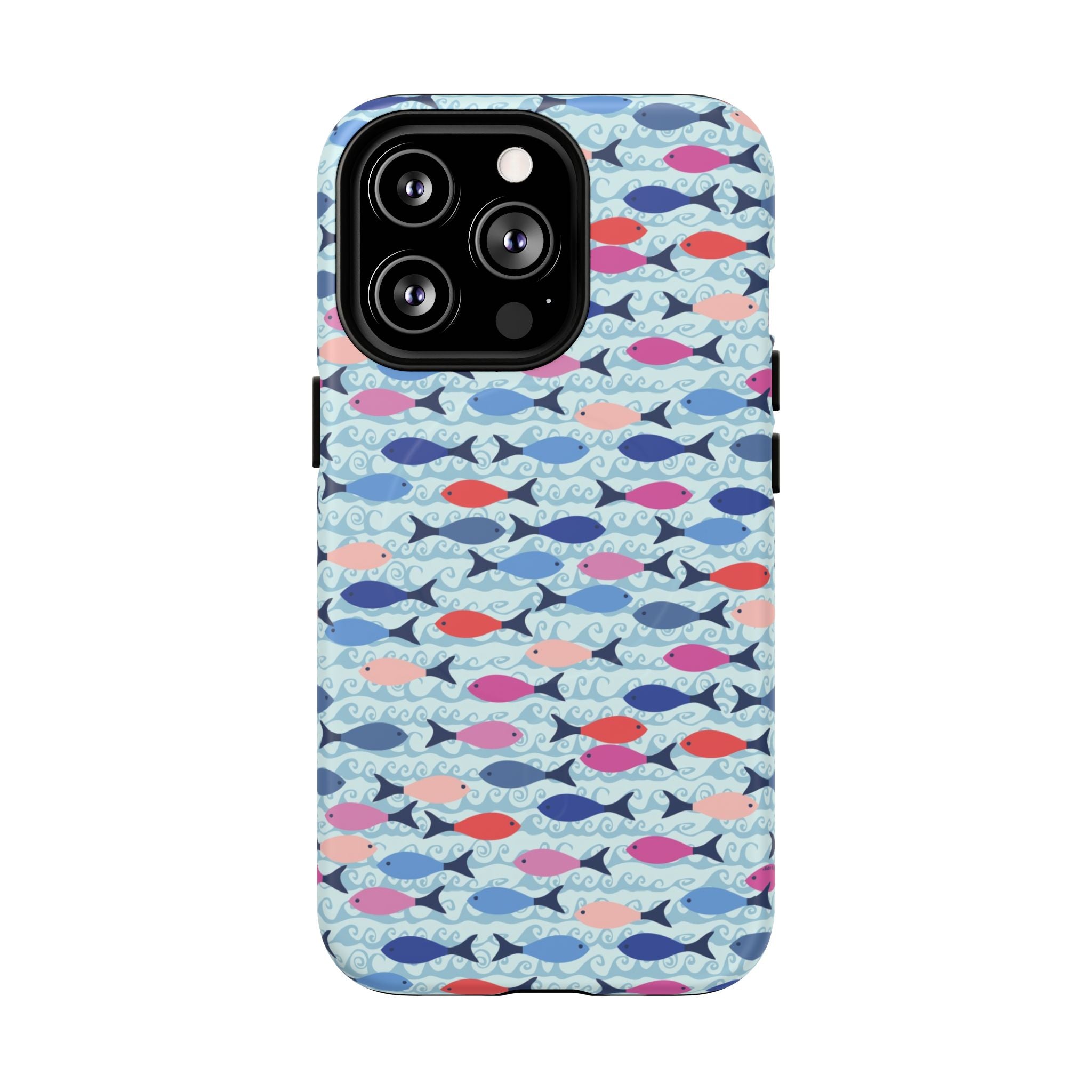Summer Minnows MagSafe iPhone 13 Pro Case – Matte | navy, coral, pink, and periwinkle fish on a pale aqua ground