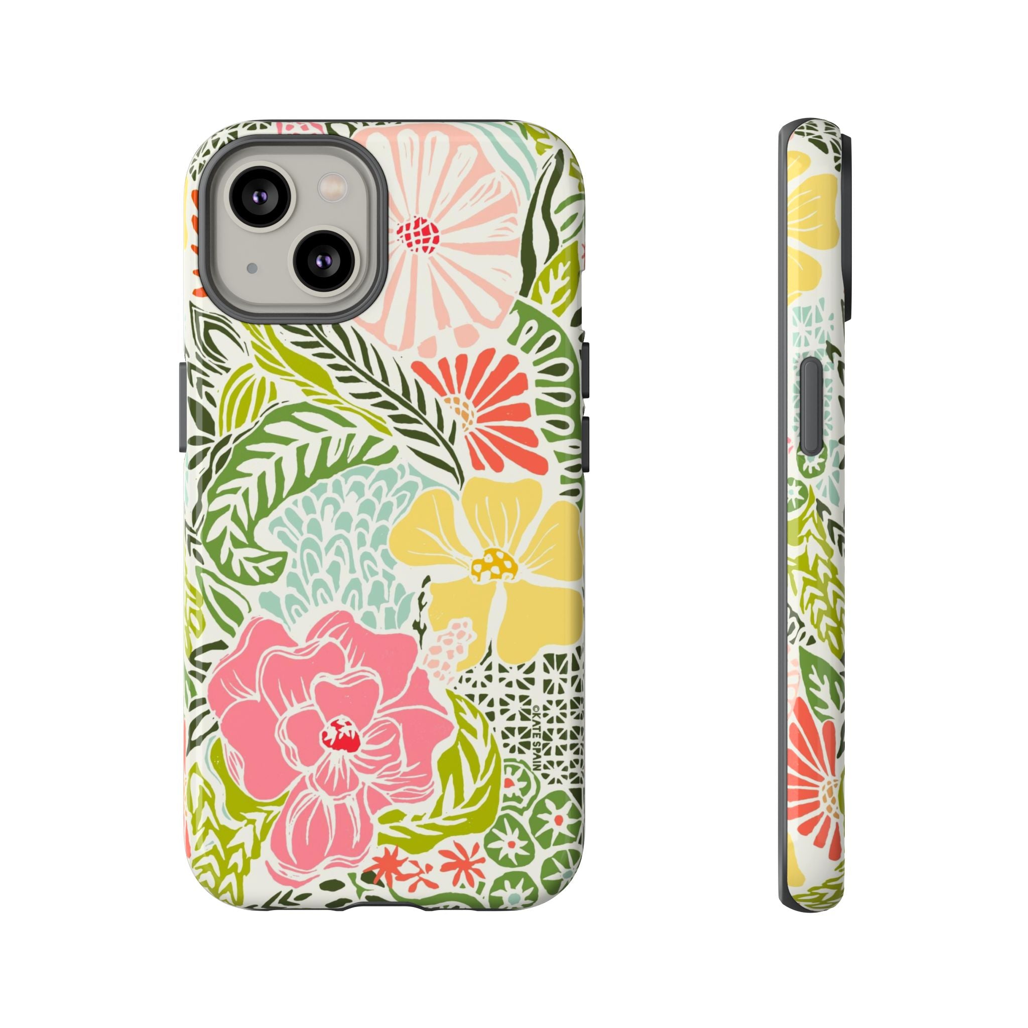 Tropica Tough iPhone 14 Case – Glossy | cream, pink, yellow, blue botanical floral print