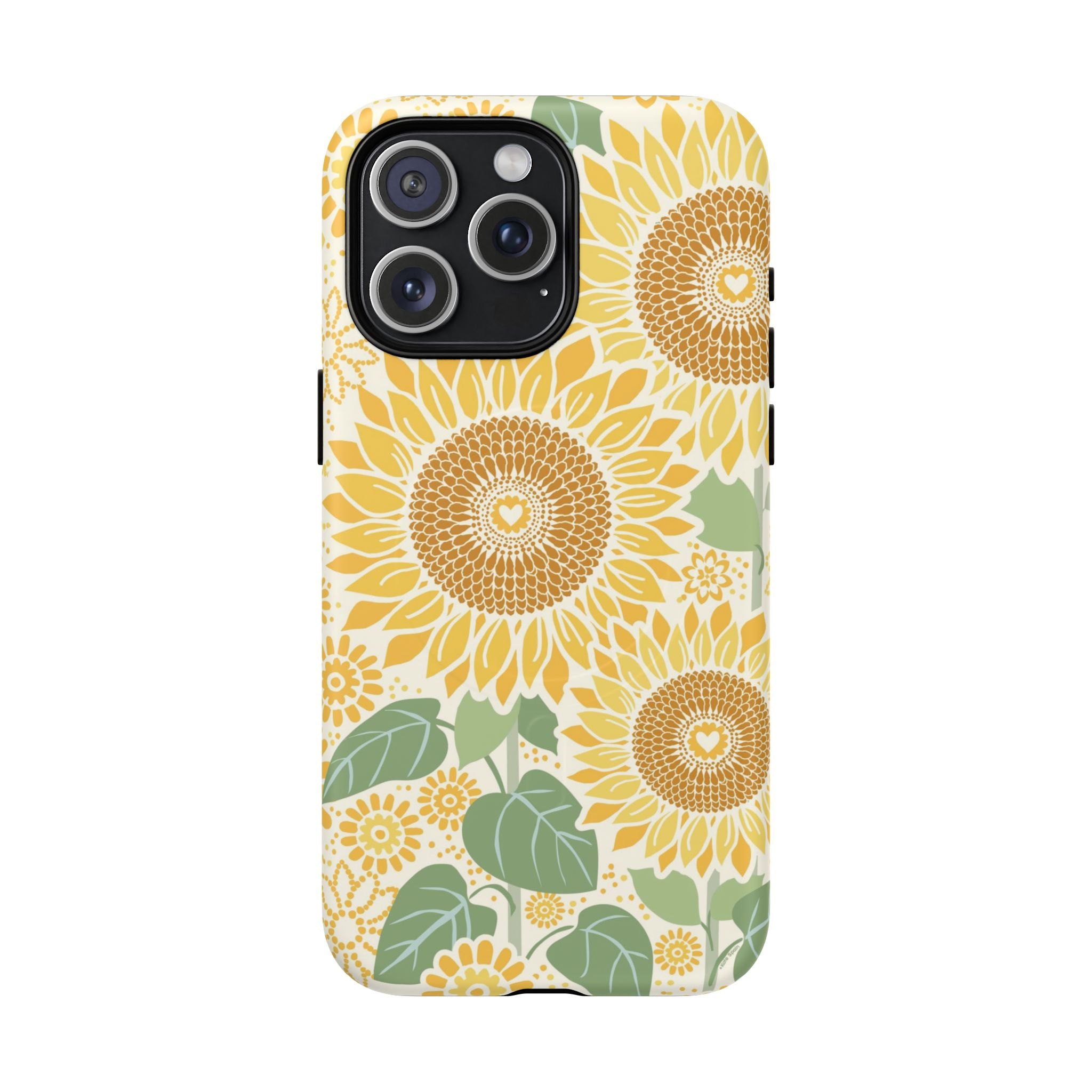 Sunny Sunflower MagSafe iPhone 15 Pro Max – Matte | cream ground, large-scale yellow sunflower print, golden seed detail with heart centers, dual-layer protection