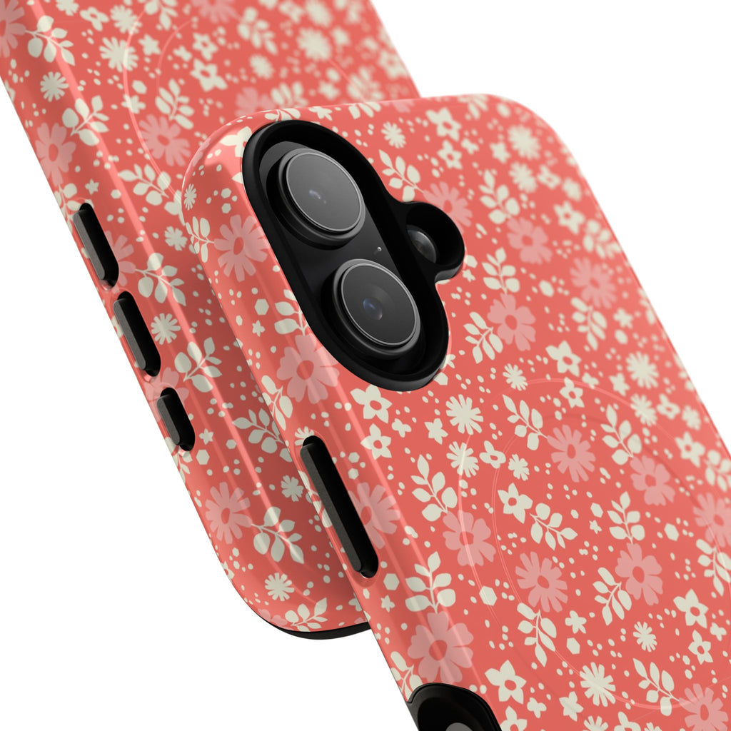 Petaline Coral MagSafe iPhone 17 Glossy Case – Glossy | coral, pink, cream ditsy floral print | angled view closeup of camera cutout and buttons