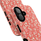 Petaline Coral MagSafe iPhone 17 Glossy Case – Glossy | coral, pink, cream ditsy floral print | angled view closeup of camera cutout and buttons