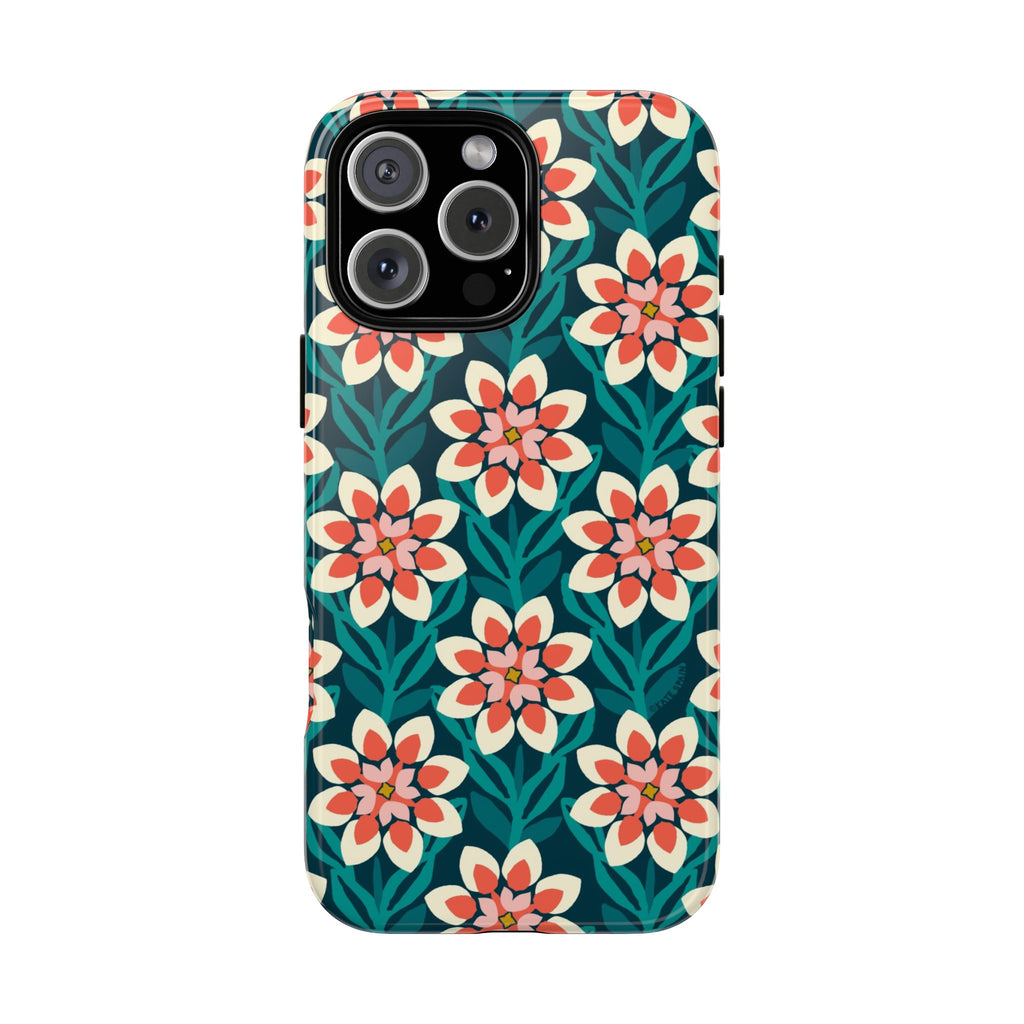 Modern Dahlia Tough iPhone 16 Pro Max Case – Glossy | teal, coral, cream geometric dahlia floral print