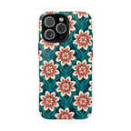 Modern Dahlia Tough iPhone 16 Pro Max Case – Glossy | teal, coral, cream geometric dahlia floral print